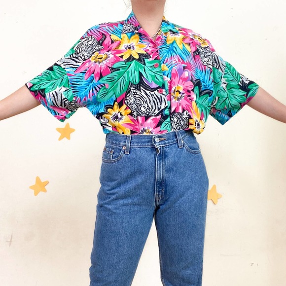 American Vintage Other - Vintage Made in USA California Krush Colorful Floral Tiger Button Down Shirt